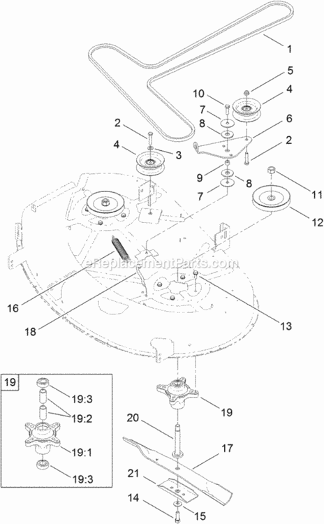 42_Inch_Deck_Belt_Spindle_And_Blade_Assembly Diagram and Parts List for 74625 313000001 - 313999999 Toro Lawn Tractor
