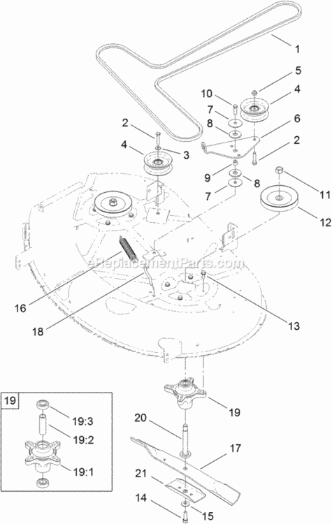 42_Inch_Deck_Belt_Spindle_And_Blade_Assembly Diagram and Parts List for 74626 311000001 - 311999999 Toro Lawn Tractor