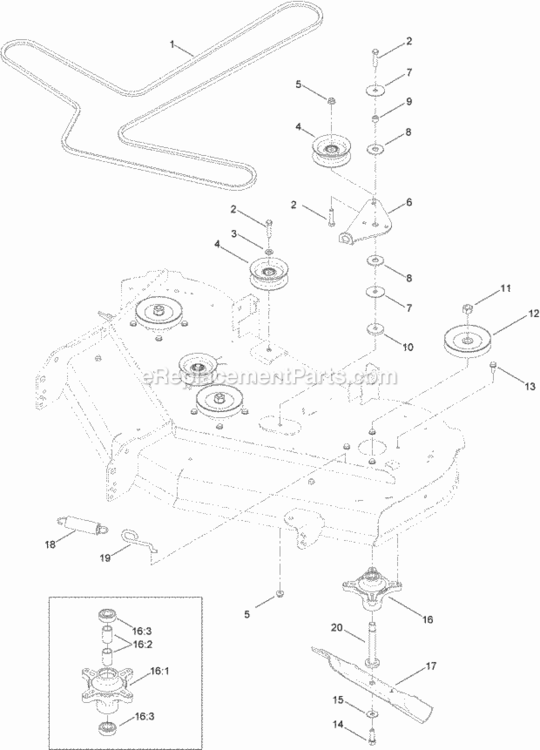 50_Inch_Deck_Belt_Spindle_And_Blade_Assembly Diagram and Parts List for 74631 314000001 - 314999999 Toro Lawn Tractor