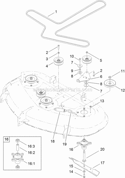 50_Inch_Deck_Belt_Spindle_And_Hi-Lift_Blade_Assembly Diagram and Parts List for 74632 311000001 - 311999999 Toro Lawn Tractor