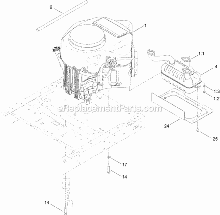 Engine_And_Muffler_Assembly Diagram and Parts List for 74632 312000001 - 312999999 Toro Lawn Tractor
