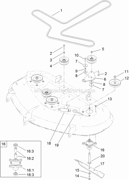 50_Inch_Deck_Belt_Spindle_And_Blade_Assembly Diagram and Parts List for 74632 312000001 - 312999999 Toro Lawn Tractor