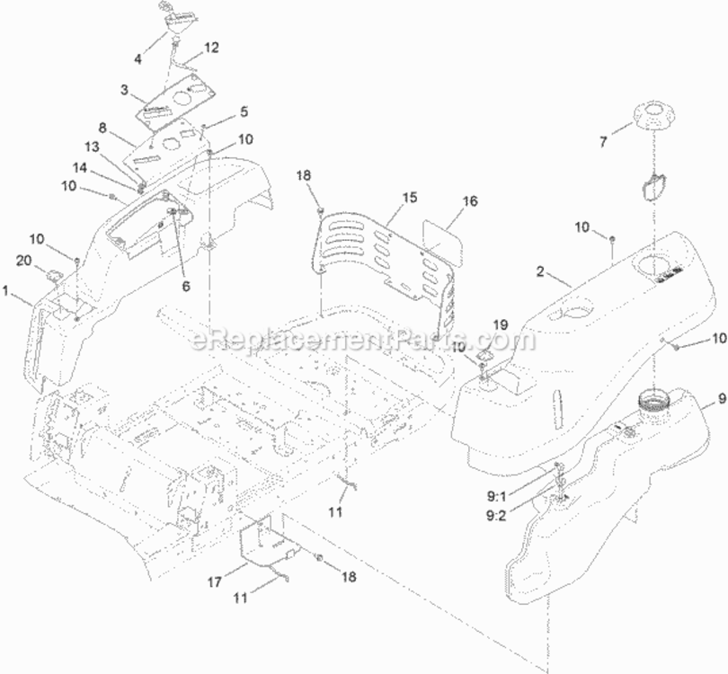 Body_Styling_And_Fuel_Pod_Assembly Diagram and Parts List for 74632 312000001 - 312999999 Toro Lawn Tractor