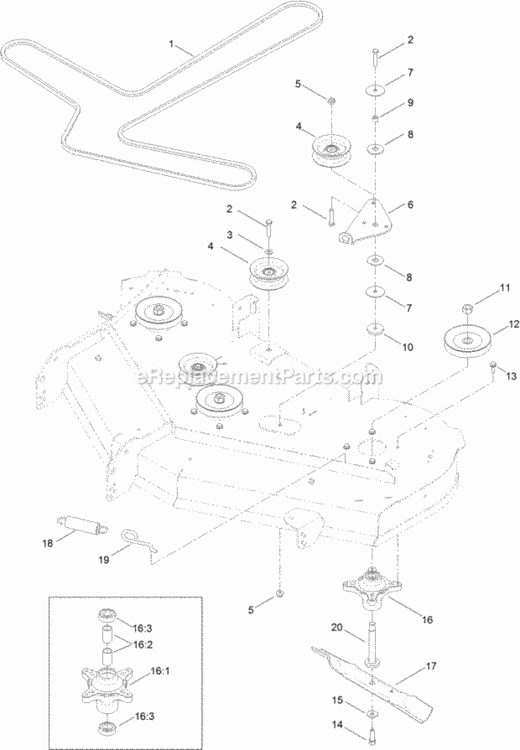 50_Inch_Deck_Belt_Spindle_And_Blade_Assembly Diagram and Parts List for 74632 314000001 - 314999999 Toro Lawn Tractor