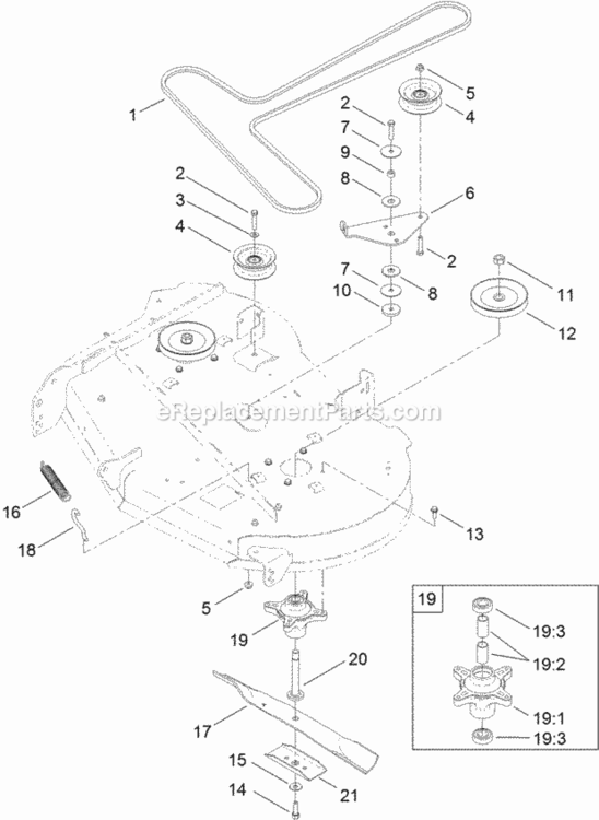 42_Inch_Deck_Belt_And_Blade_Assembly Diagram and Parts List for 74633 313100001 - 313999999 Toro Lawn Tractor