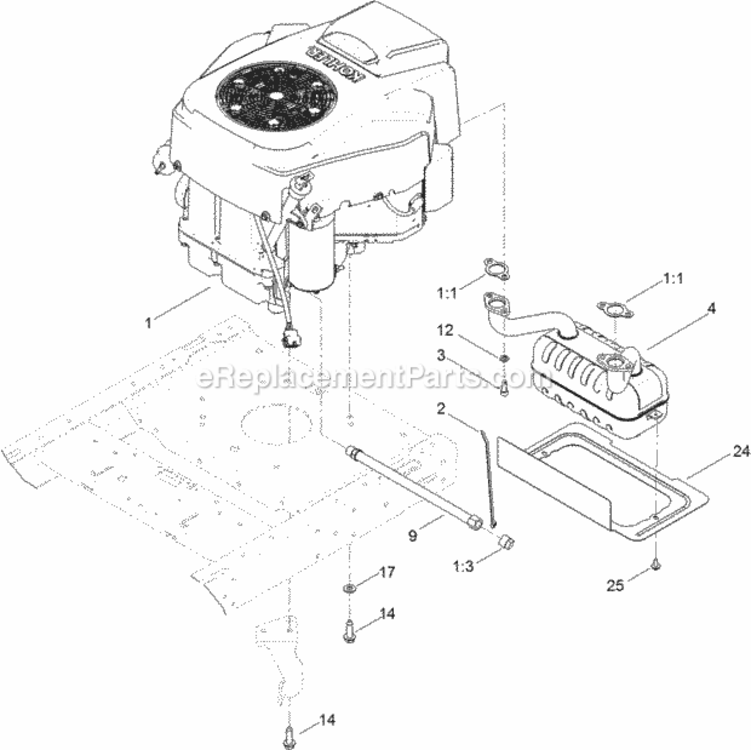 Engine_And_Muffler_Assembly Diagram and Parts List for 74633 313100001 - 313999999 Toro Lawn Tractor