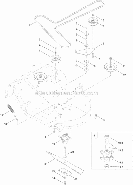 42_Inch_Deck_Belt_And_Blade_Assembly Diagram and Parts List for 74633 314000001 - 314999999 Toro Lawn Tractor