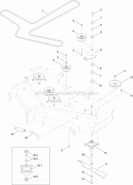 50_Inch_Deck_Belt_Spindle_And_Blade_Assembly Diagram and Parts List for 74641 314000001 - 314999999 Toro Lawn Tractor