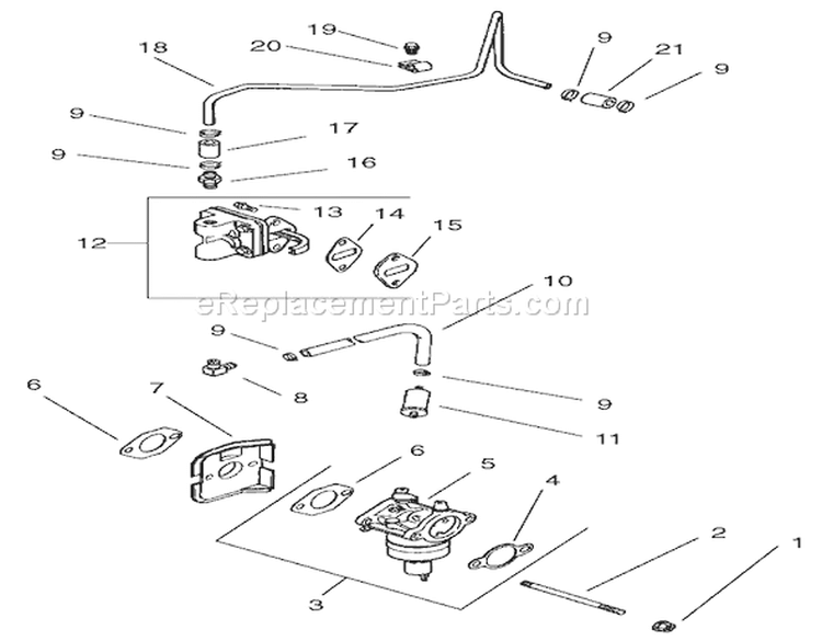 Fuel System Assembly Diagram and Parts List for 74701 210000001-210999999 - 2001 Toro Lawn Tractor