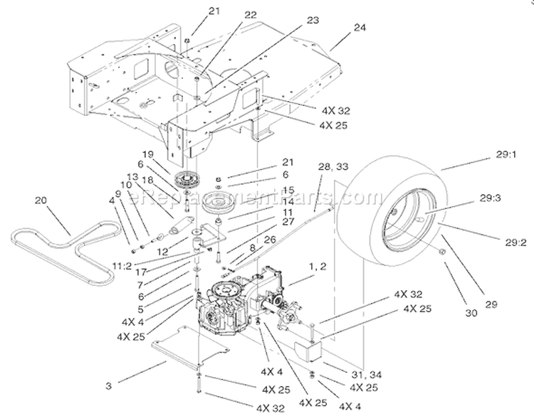Hydro and Belt Drive Assembly Diagram and Parts List for 74701 210000001-210999999 - 2001 Toro Lawn Tractor