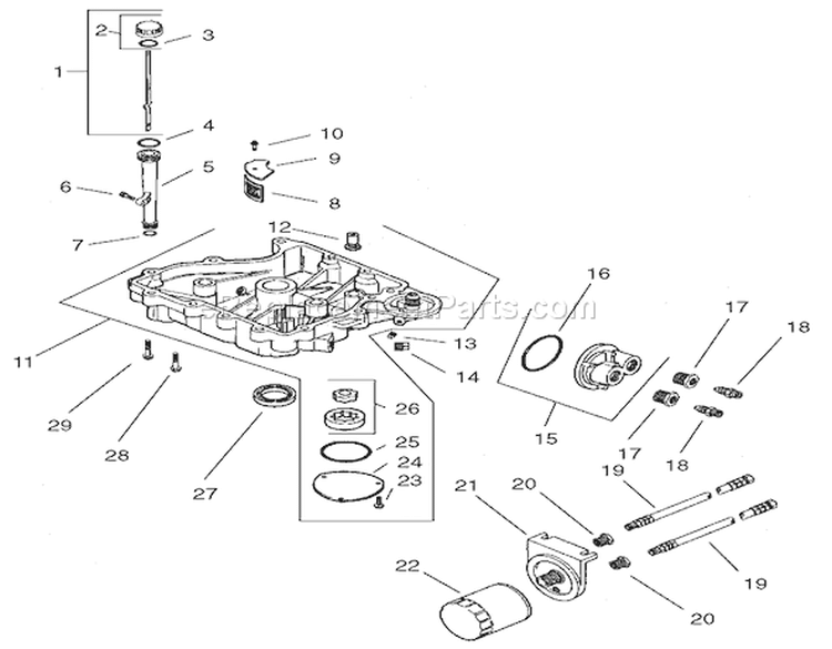 Oil Pan / Lubrication Assembly Diagram and Parts List for 74701 210000001-210999999 - 2001 Toro Lawn Tractor