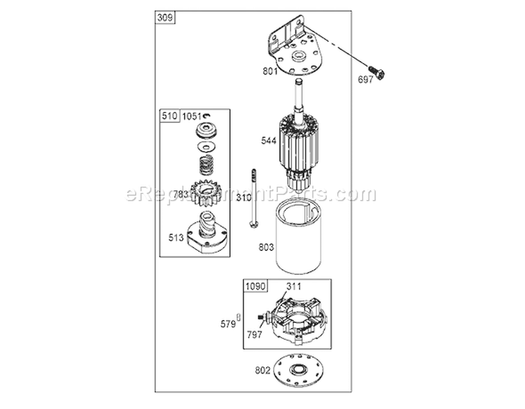 Starter Assembly Briggs and Stratton 406577-0191-E1 Diagram and Parts List for 74704 250000001-250999999 - 2005 Toro Lawn Tractor