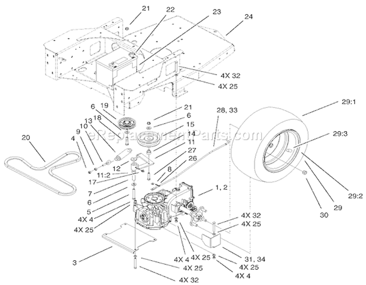 Hydro and Belt Drive Assembly Diagram and Parts List for 74801 220000001-220999999 - 2002 Toro Lawn Tractor
