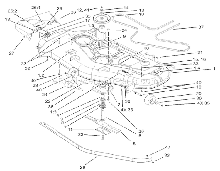 52in Deck Assembly Diagram and Parts List for 74801 230000001-230999999 - 2003 Toro Lawn Tractor