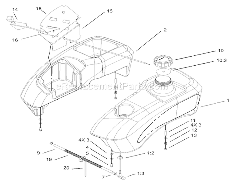 Fuel Tank and Control Pod Assembly Diagram and Parts List for 74801 230000001-230999999 - 2003 Toro Lawn Tractor