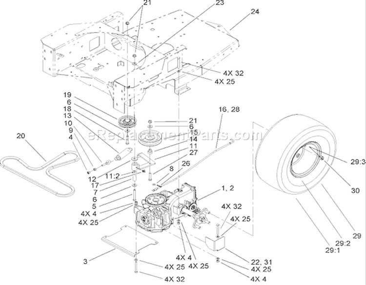 Hydro and Belt Drive Assembly Diagram and Parts List for 74802 240000159-240999999 - 2004 Toro Lawn Tractor
