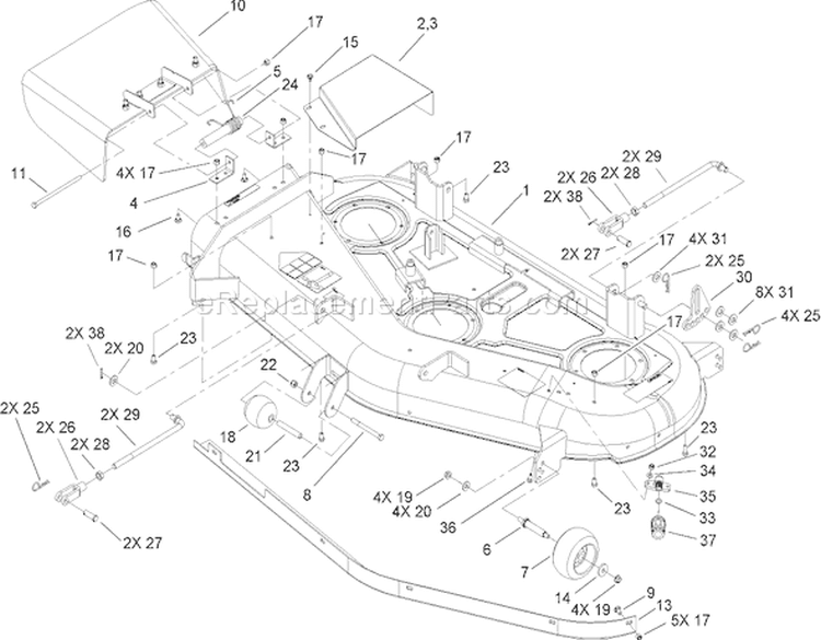 52in Deck Assembly Diagram and Parts List for 74806 250000001-250999999 - 2005 Toro Lawn Tractor