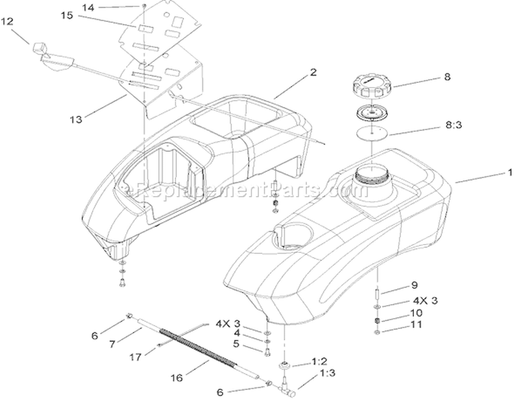 Fuel Tank and Control Assembly Diagram and Parts List for 74806 250000001-250999999 - 2005 Toro Lawn Tractor