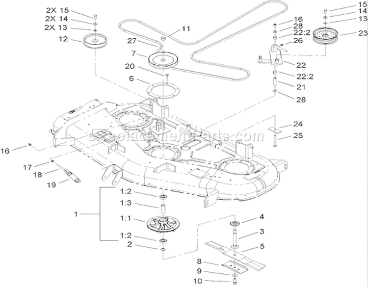 52in Deck Belt Drive Assembly Diagram and Parts List for 74806 250000001-250999999 - 2005 Toro Lawn Tractor
