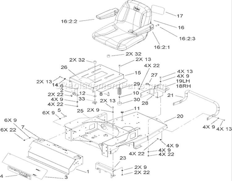 Main Frame and Seat Assembly Diagram and Parts List for 74806 250000001-250999999 - 2005 Toro Lawn Tractor