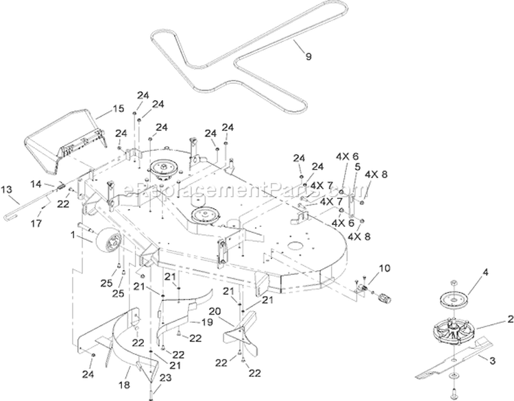 52 Inch Deck and Spindle Assembly Diagram and Parts List for 74815 290000001-290999999 - 2009 Toro Lawn Tractor