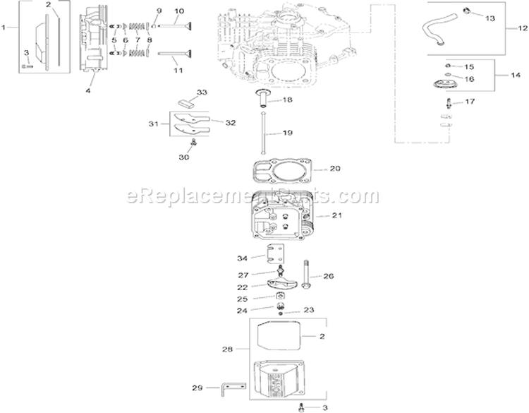 Head, Valve and Breather Assembly Diagram and Parts List for 74815 290000001-290999999 - 2009 Toro Lawn Tractor