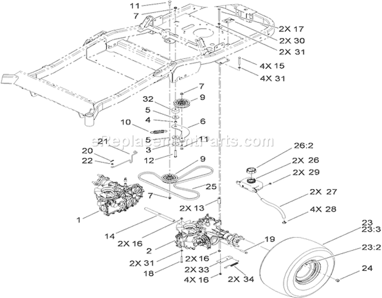 Traction Drive Assembly Diagram and Parts List for 74820 290000001-290999999 - 2009 Toro Lawn Tractor