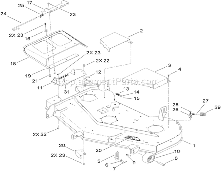 54 Inch Deck Assembly Diagram and Parts List for 74822 290000001-290999999 - 2009 Toro Lawn Tractor