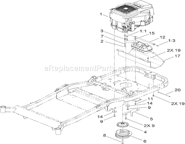 Engine, Clutch and Exhaust Assembly Diagram and Parts List for 74823 290000001-290999999 - 2009 Toro Lawn Tractor
