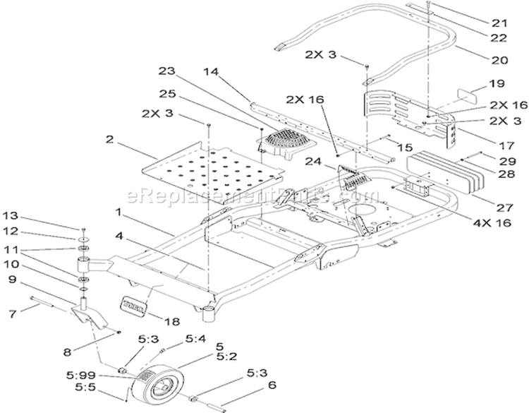 Frame and Castor Wheel Assembly Diagram and Parts List for 74824 290000001-290999999 - 2009 Toro Lawn Tractor
