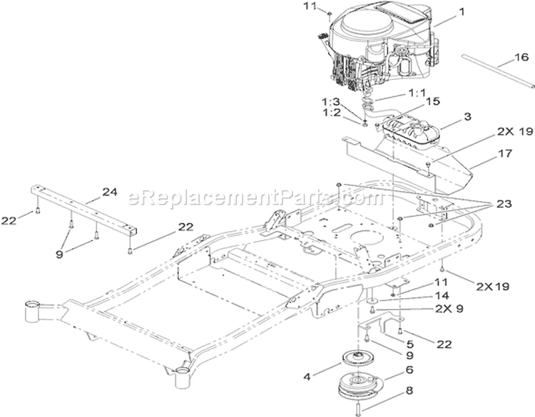 Engine, Clutch and Exhaust Assembly Diagram and Parts List for 74824 290000001-290999999 - 2009 Toro Lawn Tractor