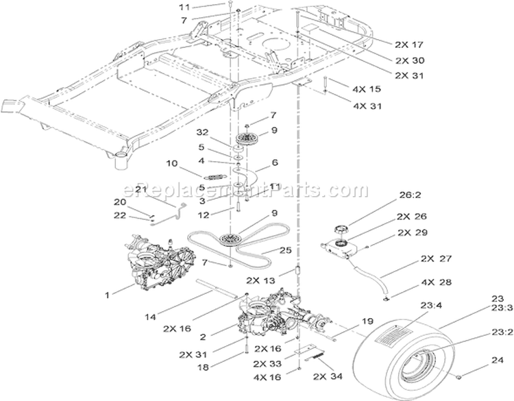 Traction Drive Assembly Diagram and Parts List for 74824 310000001-310999999 - 2010 Toro Lawn Tractor