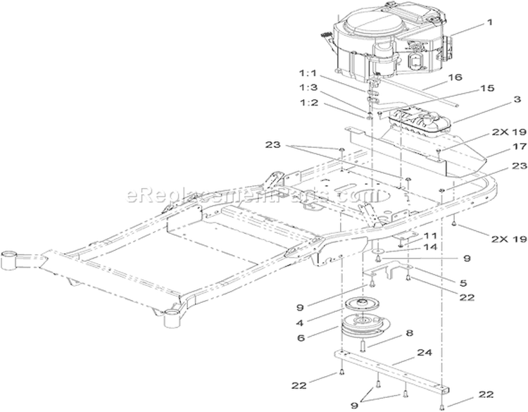 Engine, Clutch and Muffler Assembly Diagram and Parts List for 74824 310000001-310999999 - 2010 Toro Lawn Tractor