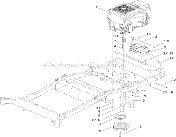 Engine, Muffler and Clutch Assembly Diagram and Parts List for 74830 310000001-310999999 - 2010 Toro Lawn Tractor
