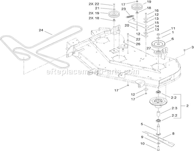 54 Inch Deck Spindle and Blade Assembly Diagram and Parts List for 74832 310000001-310999999 - 2010 Toro Lawn Tractor