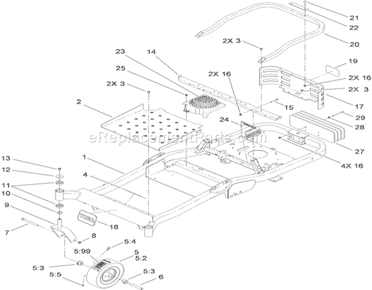 Main Frame and Front Caster Wheel Assembly Diagram and Parts List for 74824 310000001-310999999 - 2010 Toro Lawn Tractor