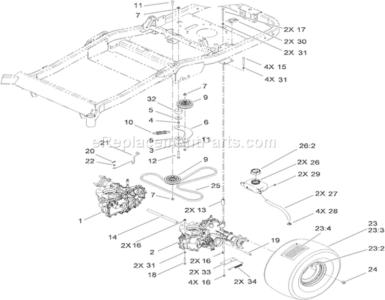 Traction Drive Assembly Diagram and Parts List for 74832 310000001-310999999 - 2010 Toro Lawn Tractor