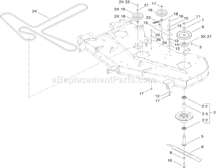 60 Inch Deck Spindle and Belt Assembly Diagram and Parts List for 74824 310000001-310999999 - 2010 Toro Lawn Tractor