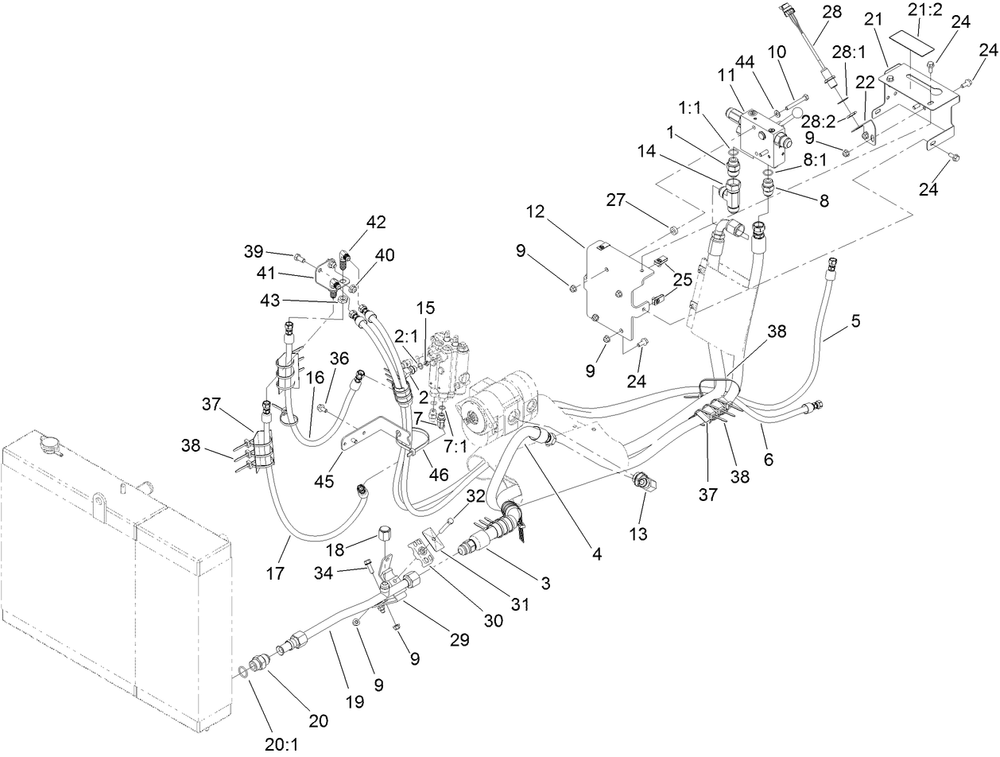 Hydraulic Plumbing Assembly No. 2 Diagram and Parts List for 25403 408000000 - 999999999 Toro Lawn Tractor Accessories