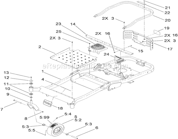 Main Frame and Front Caster Wheel Assembly Diagram and Parts List for 74822 290000001-290999999 - 2009 Toro Lawn Tractor