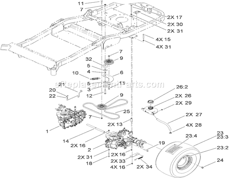 Traction Drive Assembly Diagram and Parts List for 74822 290000001-290999999 - 2009 Toro Lawn Tractor