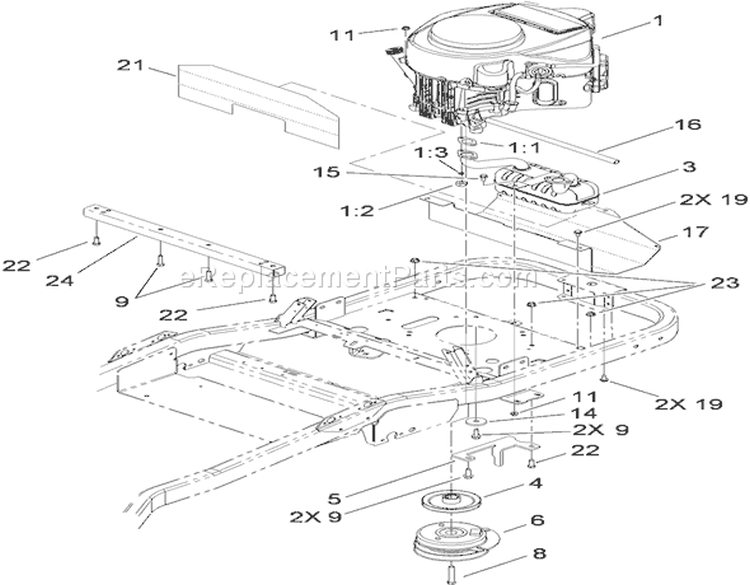 Engine, Clutch and Exhaust Assembly Diagram and Parts List for 74914 290000001-290999999 - 2009 Toro Lawn Tractor