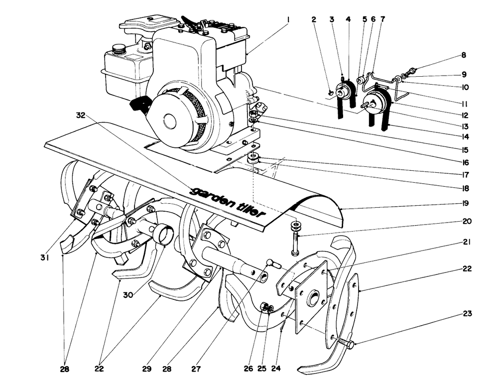 Tine And Engine Assembly (Model 58220) Diagram and Parts List for 58220 5000001 - 5999999 Toro Tiller