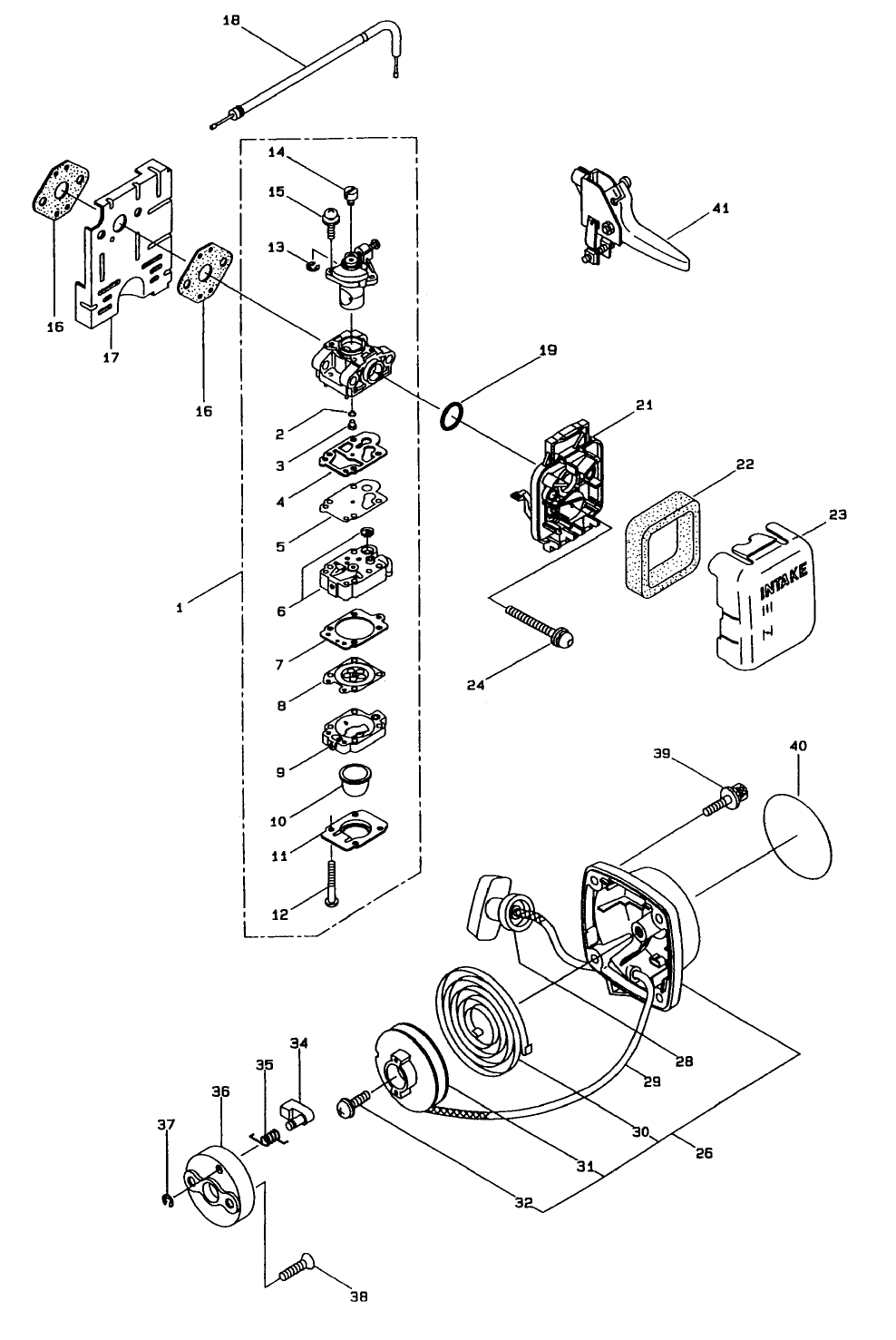 Carburetor And Starter Assembly Diagram and Parts List for 53041 7900001 - 7999999 Toro Trimmer