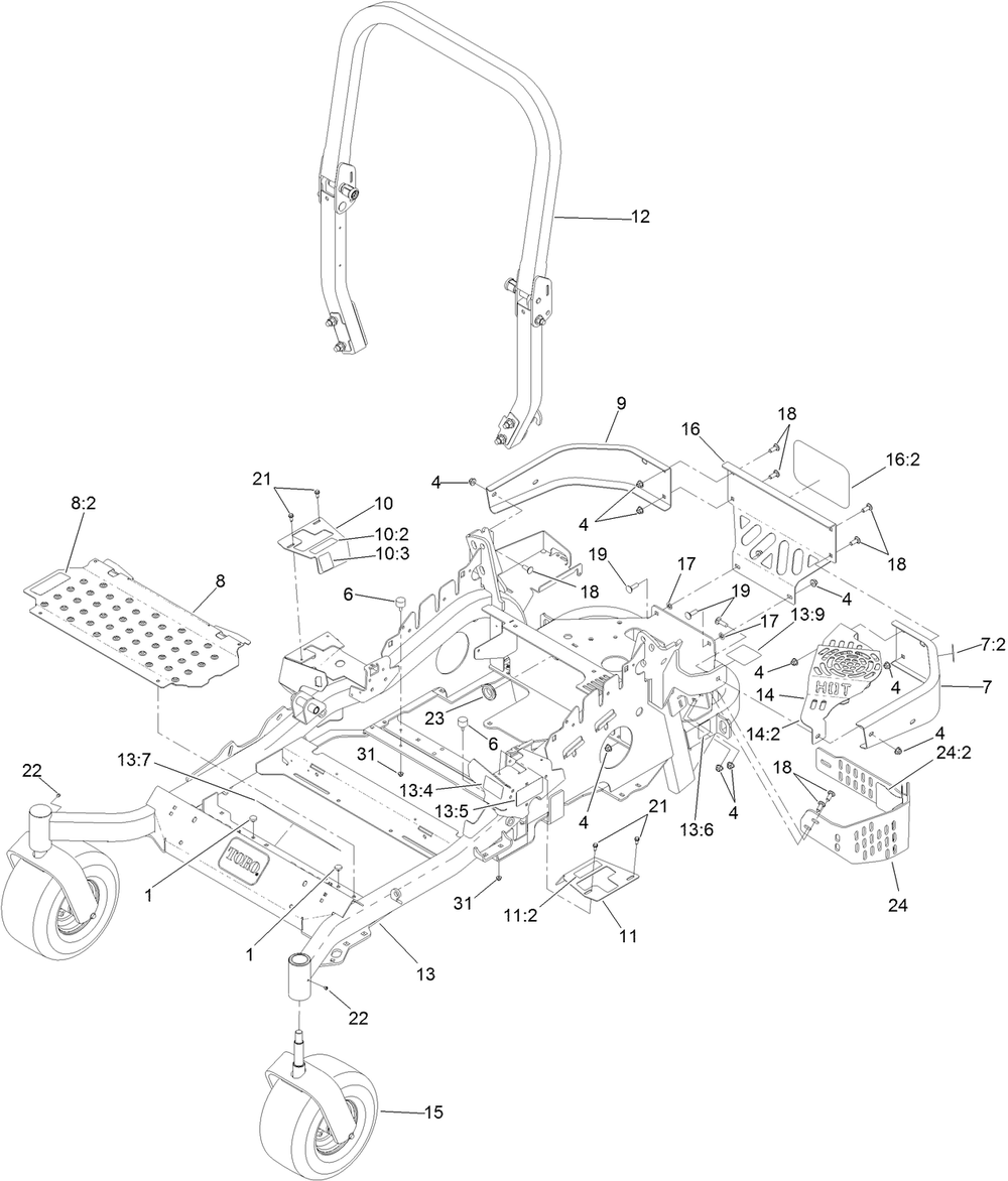 Frame And Caster Wheel Assembly Diagram and Parts List for 74142TE (316000001-316999999)(2016) Toro Lawn Mower