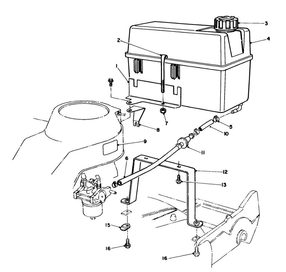 Gas Tank Assembly Diagram and Parts List for 22043 3900965 - 3999999 Toro Lawn Mower