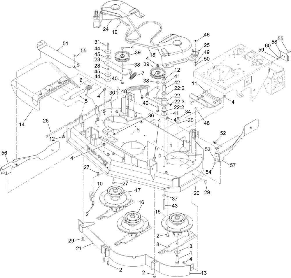 Deck Assembly Diagram and Parts List for 74536TE 413000000 - 417999999 Toro Lawn Tractor