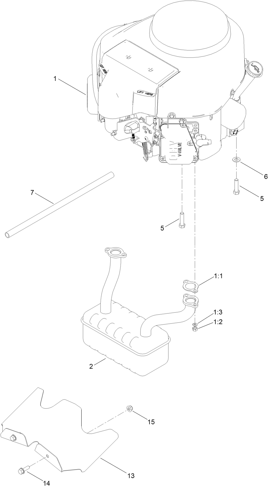 Engine And Muffler Assembly Diagram and Parts List for 75730TA 412600000 - 414158599 Toro Lawn Tractor