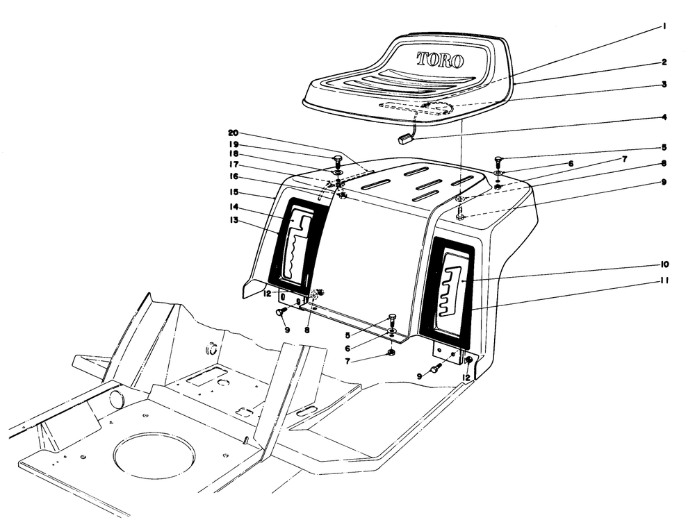 Rear Body & Seat Assembly Diagram and Parts List for 57305 8000001 - 8999999 Toro Lawn Tractor