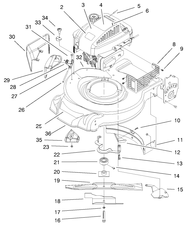 Engine & Blade Assembly Diagram and Parts List for 20651 9900001 - 9999999 Toro Lawn Mower